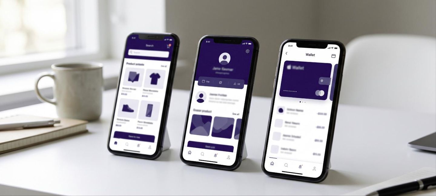 Three smartphones showing app screens for products, profile and wallet