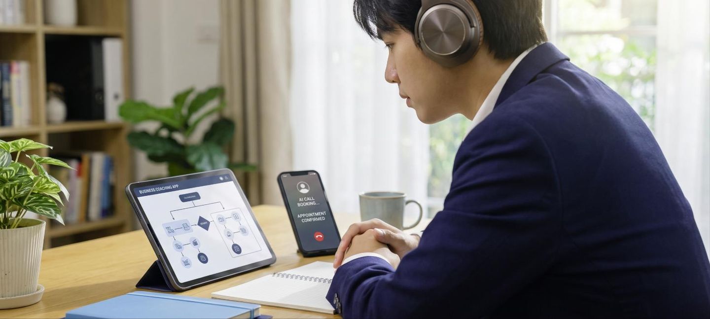 A distributor with a headset; an AI call runs on the smartphone and a call guide on the tablet